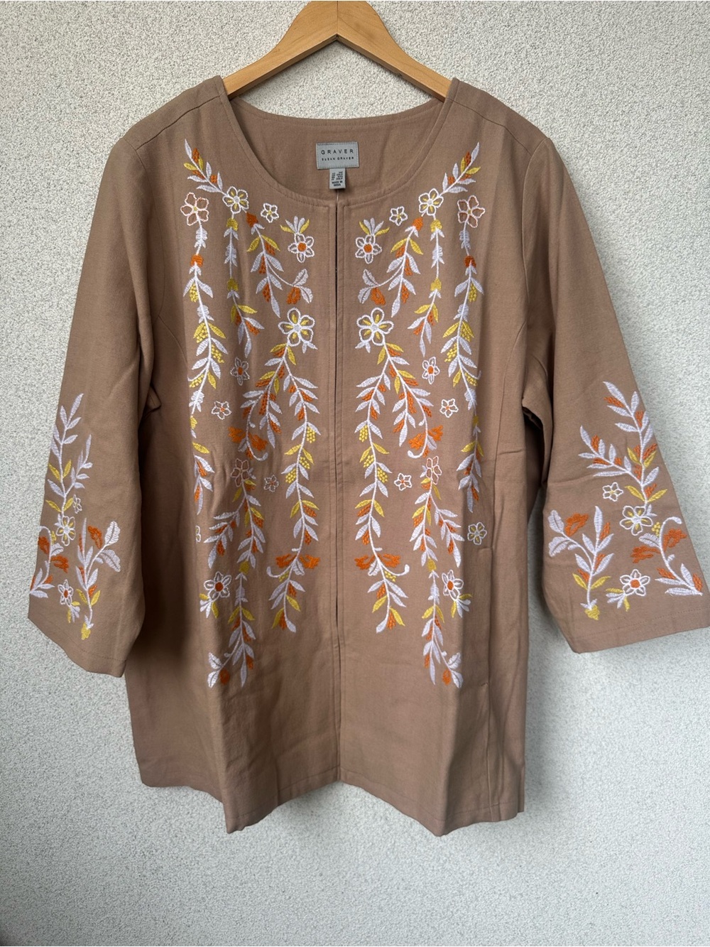 Susan Graver Embroidered Floral Jacket 1XP Boho Taupe Linen Blend, NWT